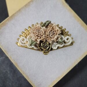Vintage Fan Gold Tone Brooch Pin Applied Flowers 2.5"